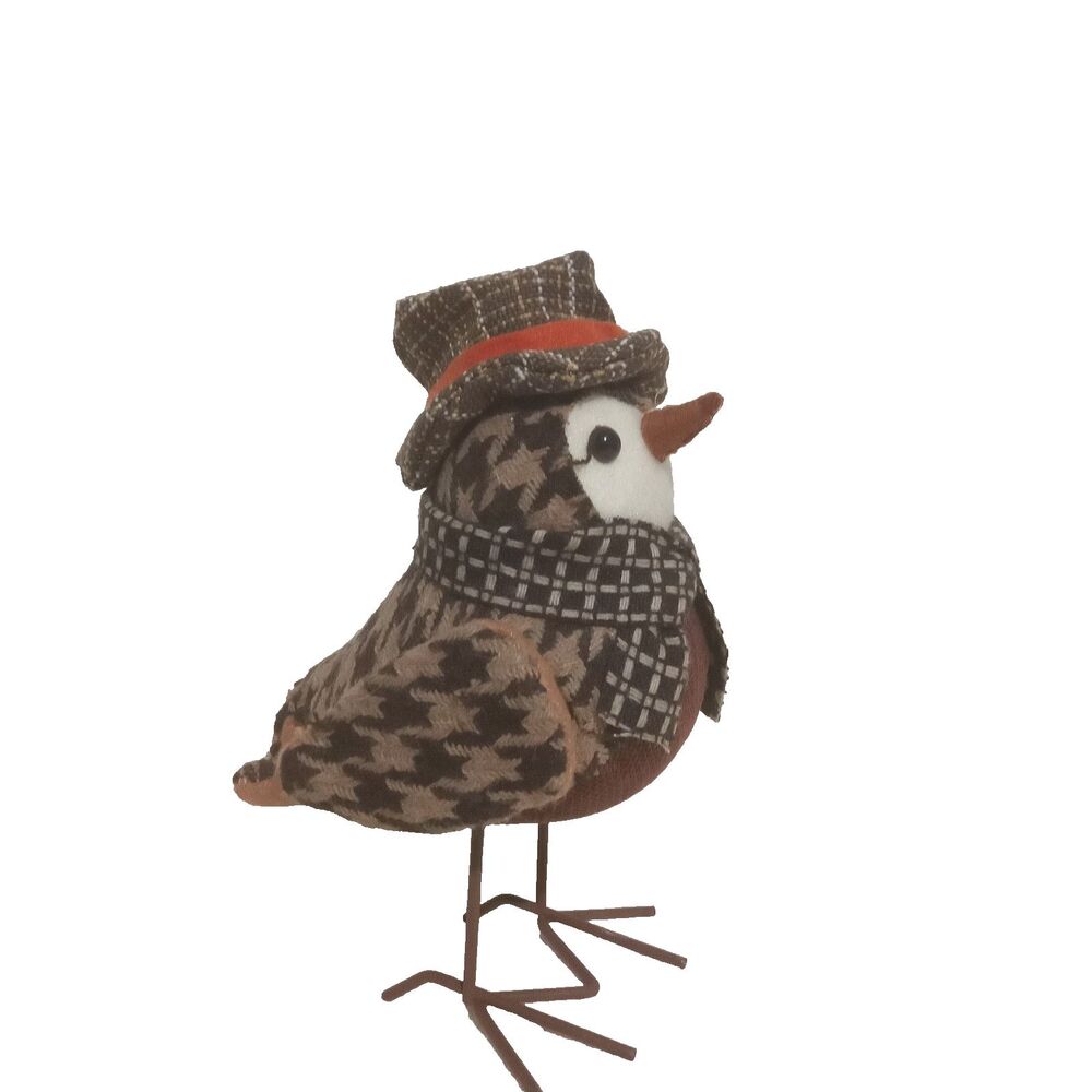 Fabric Bird Figurine Autumn Fall Decor Iron Wire Legs Brown Tan Free Standing